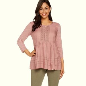 LOGO by Lori Goldstein Mauve Knit Top Embroidered Detail Pheasant Boho Size 18W